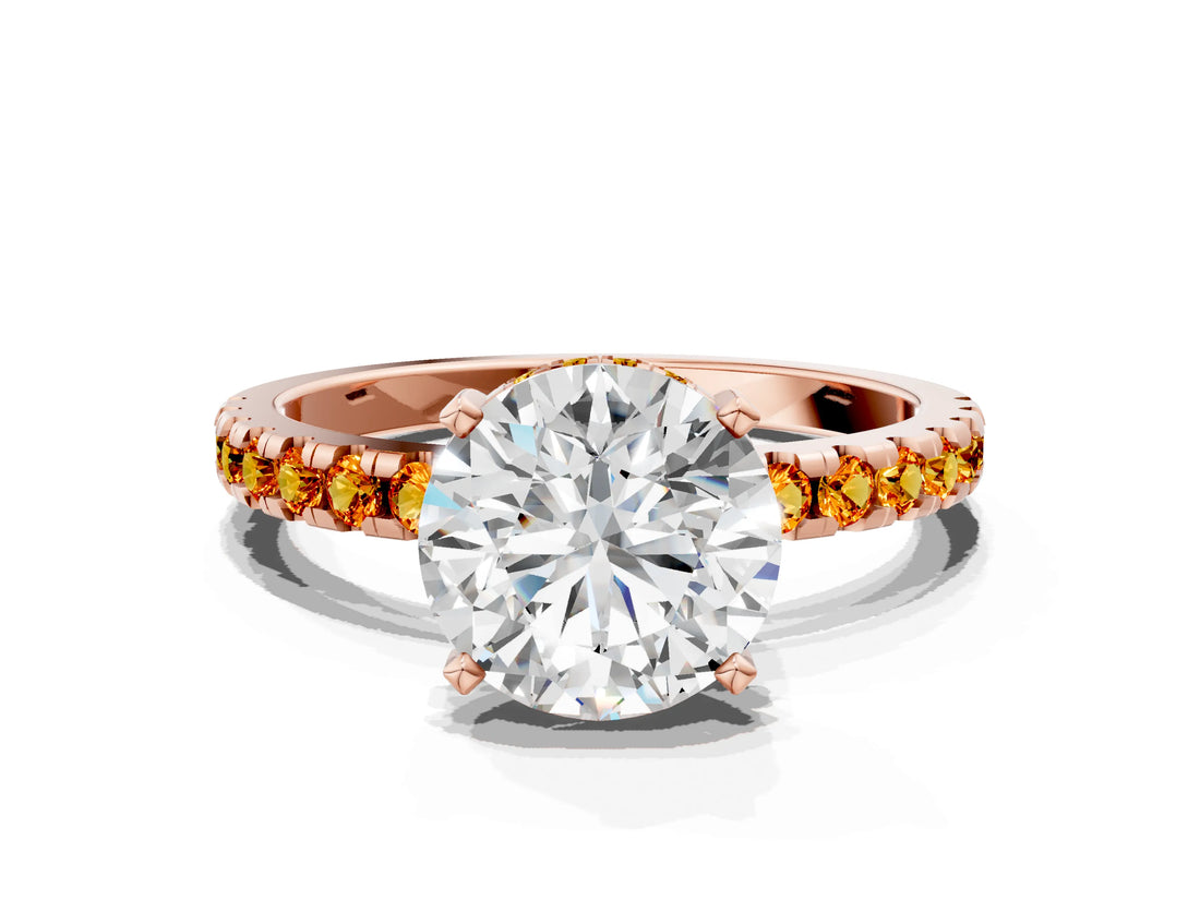 Rose gold Round Cut Diamond Solitaire Ring with Pavé Band and Four-Prong Setting