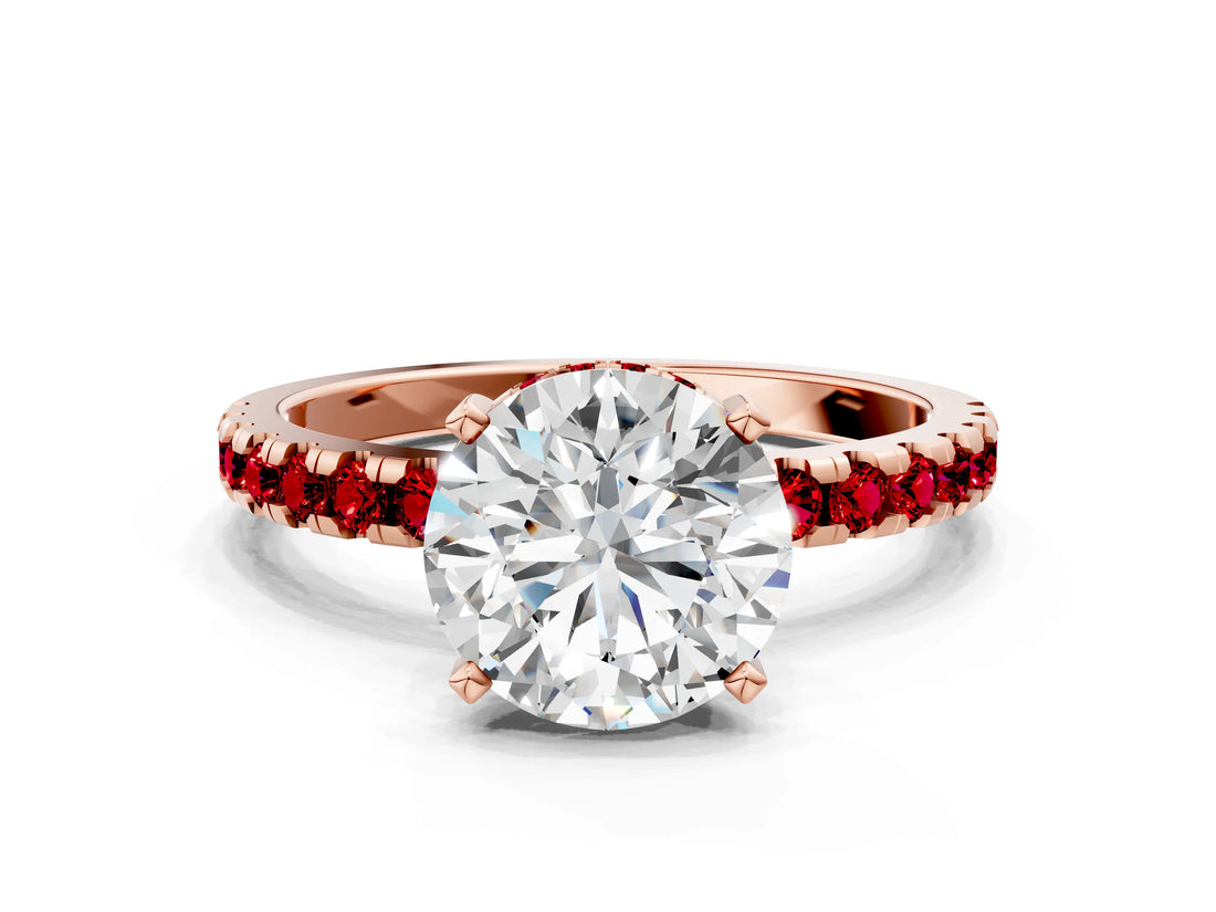 Rose gold Round Cut Diamond Solitaire Ring with Pavé Band and Four-Prong Setting