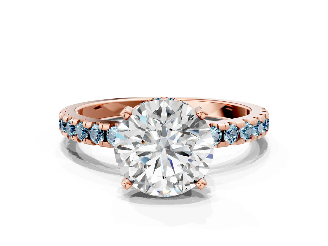 Rose gold Round Cut Diamond Solitaire Ring with Pavé Band and Four-Prong Setting