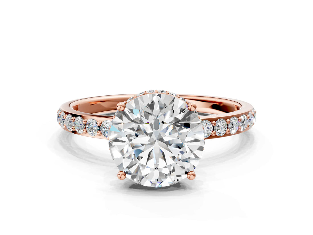 Rose gold Round Cut Diamond Solitaire Ring with Pavé Band and Hidden Halo_20