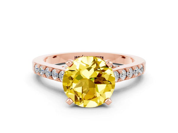 Rose gold Round Cut Yellow Sapphire Solitaire Ring with Crossover Gallery and Round  Pavé Band
