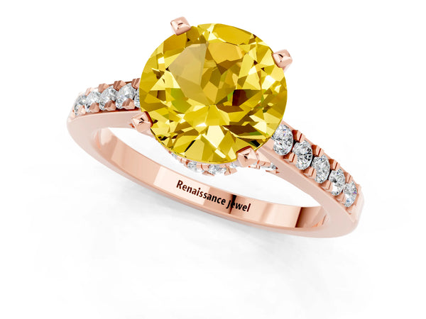 Rose gold Round Cut Yellow Sapphire Solitaire Ring with Crossover Gallery and Round  Pavé Band