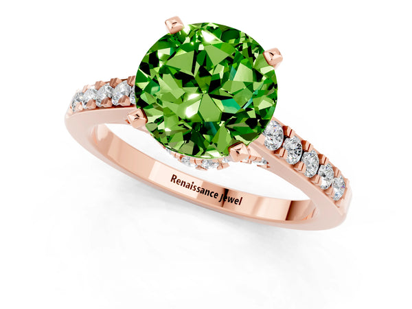 Rose gold Round Cut Peridot Solitaire Ring with Crossover Gallery and Round  Pavé Band
