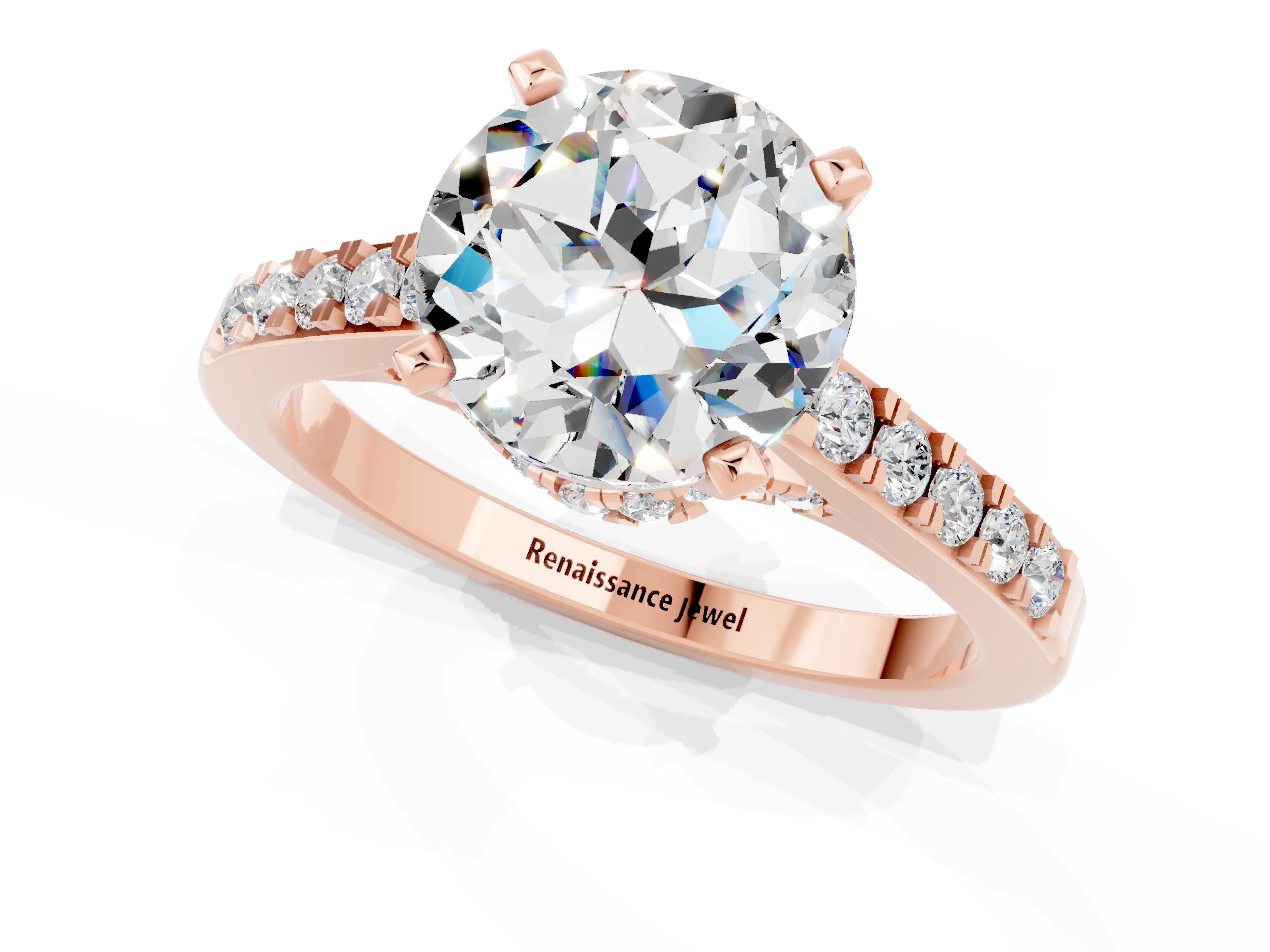 Rose gold Round Cut Diamond Solitaire Ring with Pavé Band and Prong Setting_1