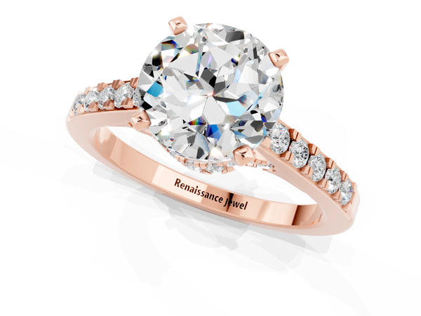 Rose gold Round Cut Moissanite Solitaire Ring with Crossover Gallery and Round  Pavé Band