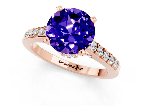 Rose gold Round Cut Tanzanite Solitaire Ring with Crossover Gallery and Round  Pavé Band