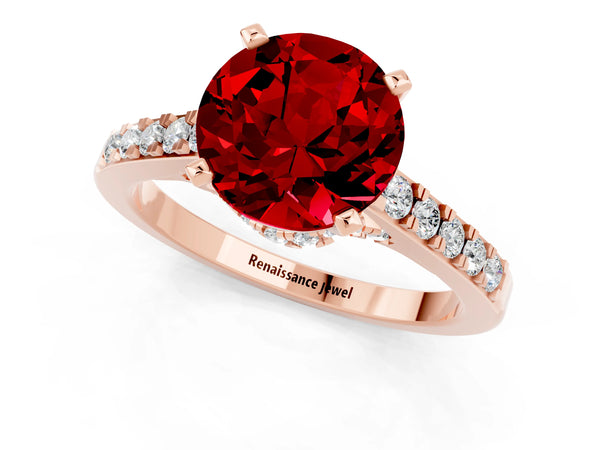 Rose gold Round Cut Ruby Solitaire Ring with Crossover Gallery and Round  Pavé Band