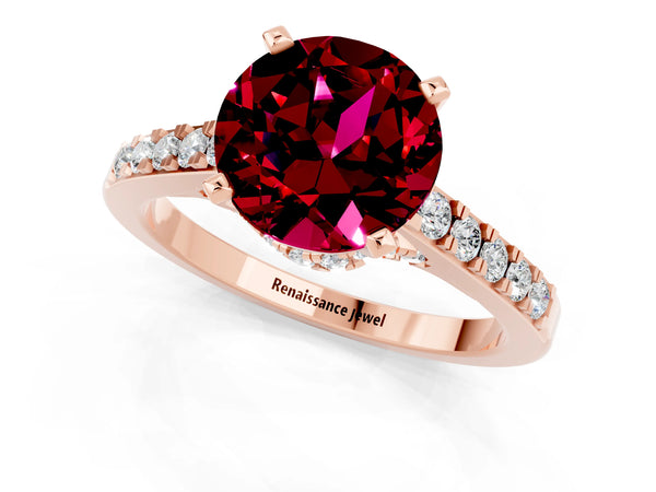 Rose gold Round Cut Garnet Solitaire Ring with Crossover Gallery and Round  Pavé Band