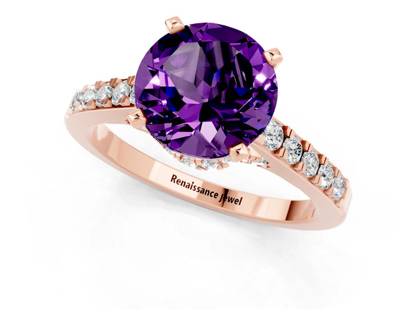 Rose gold Round Cut Amethyst Solitaire Ring with Crossover Gallery and Round  Pavé Band