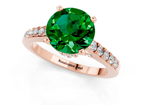 Rose gold Round Cut Emerald Solitaire Ring with Crossover Gallery and Round  Pavé Band