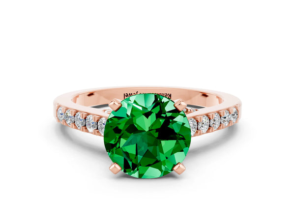 Rose gold Round Cut Emerald Solitaire Ring with Crossover Gallery and Round  Pavé Band