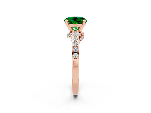 Rose gold Round Cut Emerald Solitaire Ring with Crossover Gallery and Round  Pavé Band