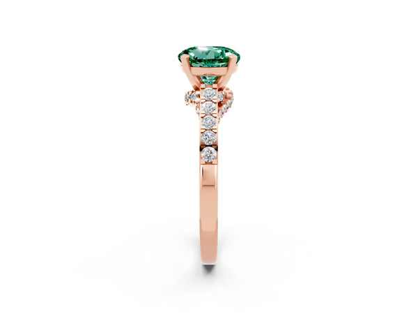Rose gold Round Cut Green Sapphire Solitaire Ring with Crossover Gallery and Round  Pavé Band