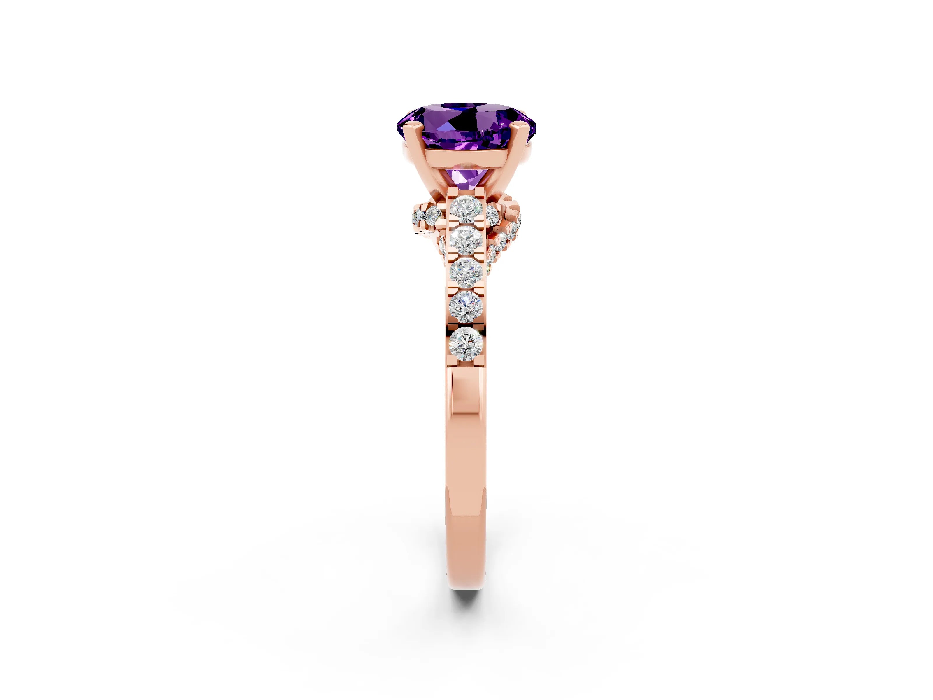 Rose gold Round Cut Diamond Solitaire Ring with Pavé Band and Prong Setting_2