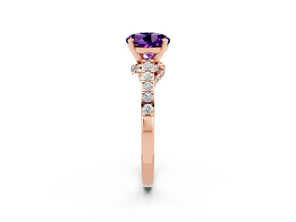 Rose gold Round Cut Amethyst Solitaire Ring with Crossover Gallery and Round  Pavé Band