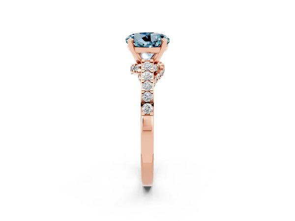 Rose gold Round Cut Aquamarine Solitaire Ring with Crossover Gallery and Round  Pavé Band