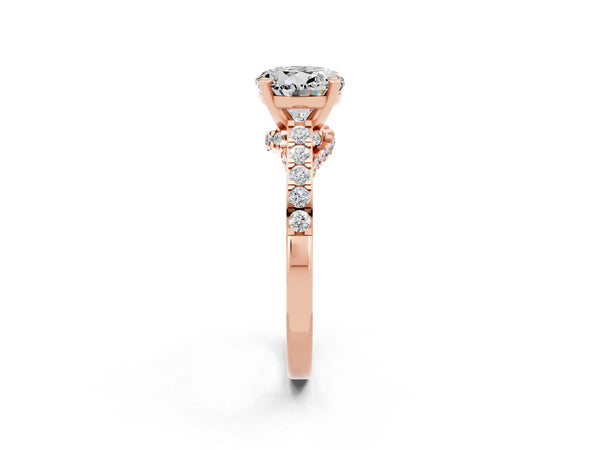 Rose gold Round Cut Moissanite Solitaire Ring with Crossover Gallery and Round  Pavé Band