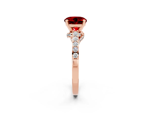 Rose gold Round Cut Ruby Solitaire Ring with Crossover Gallery and Round  Pavé Band