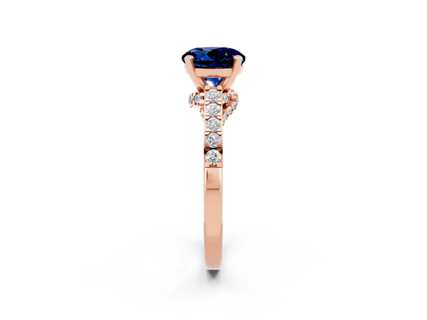 Rose gold Round Cut Blue Sapphire Solitaire Ring with Crossover Gallery and Round  Pavé Band