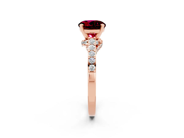 Rose gold Round Cut Garnet Solitaire Ring with Crossover Gallery and Round  Pavé Band
