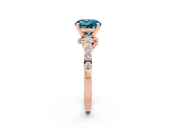 Rose gold Round Cut Blue Topaz Solitaire Ring with Crossover Gallery and Round  Pavé Band
