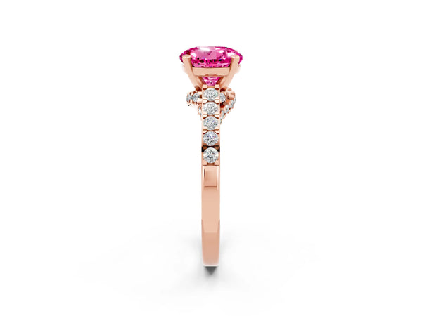 Rose gold Round Cut Pink Sapphire Solitaire Ring with Crossover Gallery and Round  Pavé Band