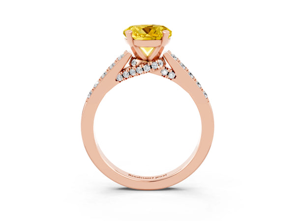 Rose gold Round Cut Yellow Sapphire Solitaire Ring with Crossover Gallery and Round  Pavé Band