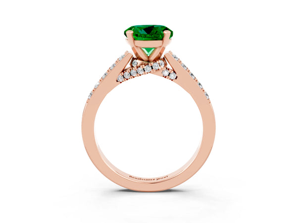 Rose gold Round Cut Emerald Solitaire Ring with Crossover Gallery and Round  Pavé Band