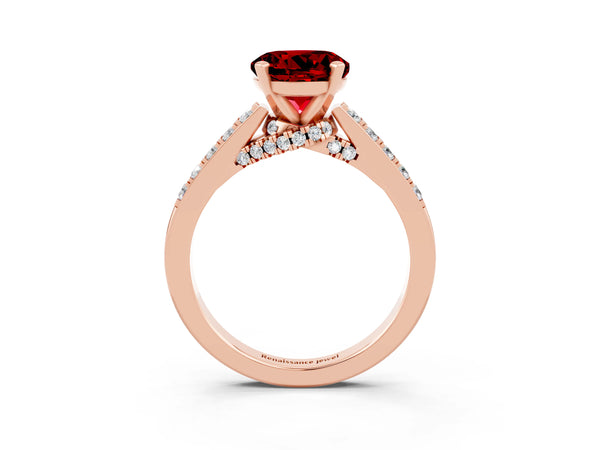 Rose gold Round Cut Ruby Solitaire Ring with Crossover Gallery and Round  Pavé Band