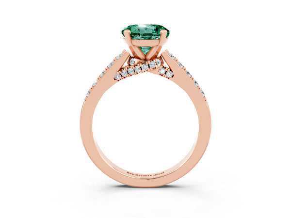 Rose gold Round Cut Green Sapphire Solitaire Ring with Crossover Gallery and Round  Pavé Band