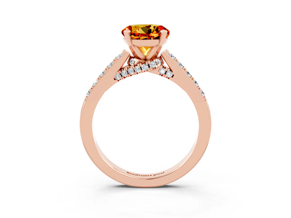 Rose gold Round Cut Citrine Solitaire Ring with Crossover Gallery and Round  Pavé Band