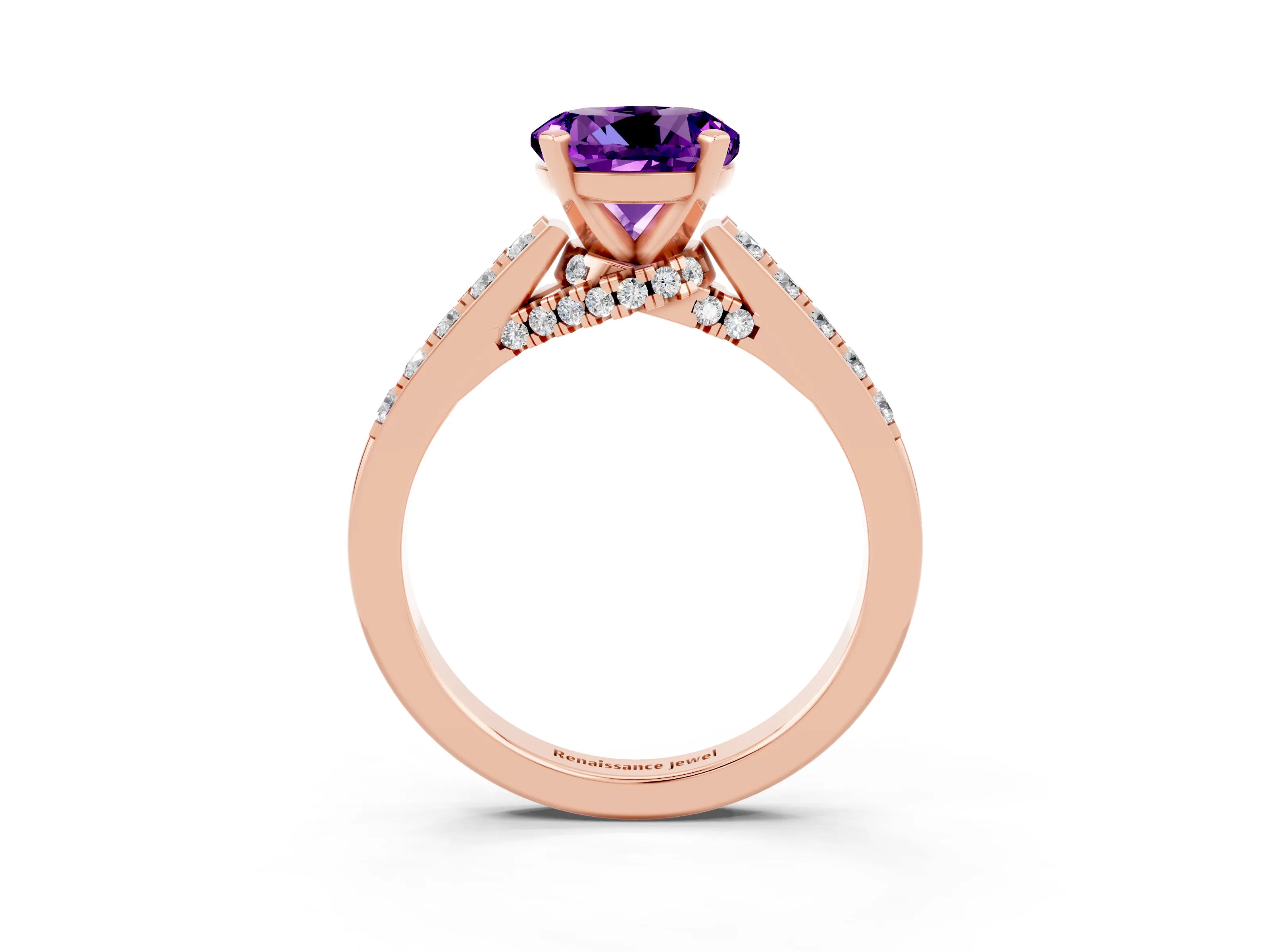 Rose gold Round Cut Diamond Solitaire Ring with Pavé Band and Prong Setting_3