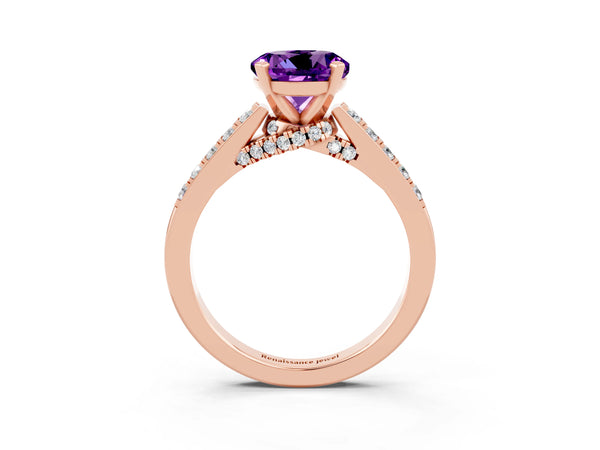 Rose gold Round Cut Amethyst Solitaire Ring with Crossover Gallery and Round  Pavé Band