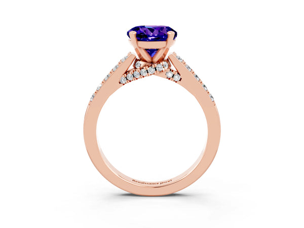 Rose gold Round Cut Tanzanite Solitaire Ring with Crossover Gallery and Round  Pavé Band