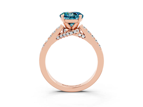 Rose gold Round Cut Blue Topaz Solitaire Ring with Crossover Gallery and Round  Pavé Band