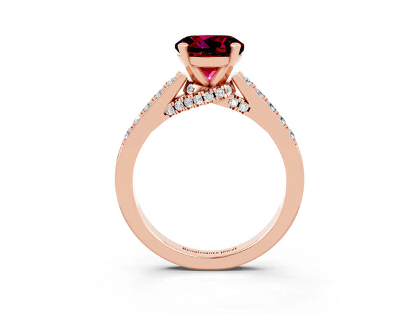 Rose gold Round Cut Garnet Solitaire Ring with Crossover Gallery and Round  Pavé Band
