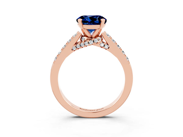 Rose gold Round Cut Blue Sapphire Solitaire Ring with Crossover Gallery and Round  Pavé Band