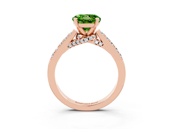 Rose gold Round Cut Peridot Solitaire Ring with Crossover Gallery and Round  Pavé Band