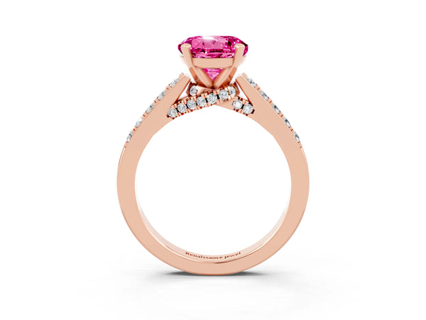 Rose gold Round Cut Pink Sapphire Solitaire Ring with Crossover Gallery and Round  Pavé Band