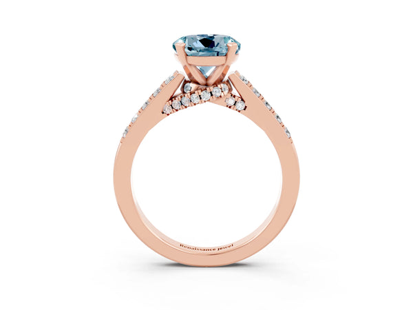 Rose gold Round Cut Aquamarine Solitaire Ring with Crossover Gallery and Round  Pavé Band