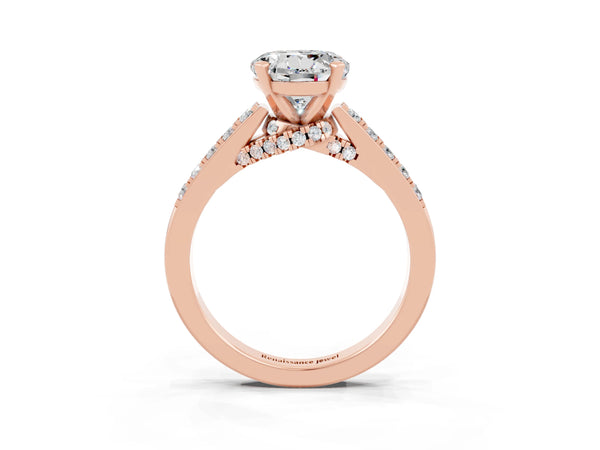Rose gold Round Cut Moissanite Solitaire Ring with Crossover Gallery and Round  Pavé Band