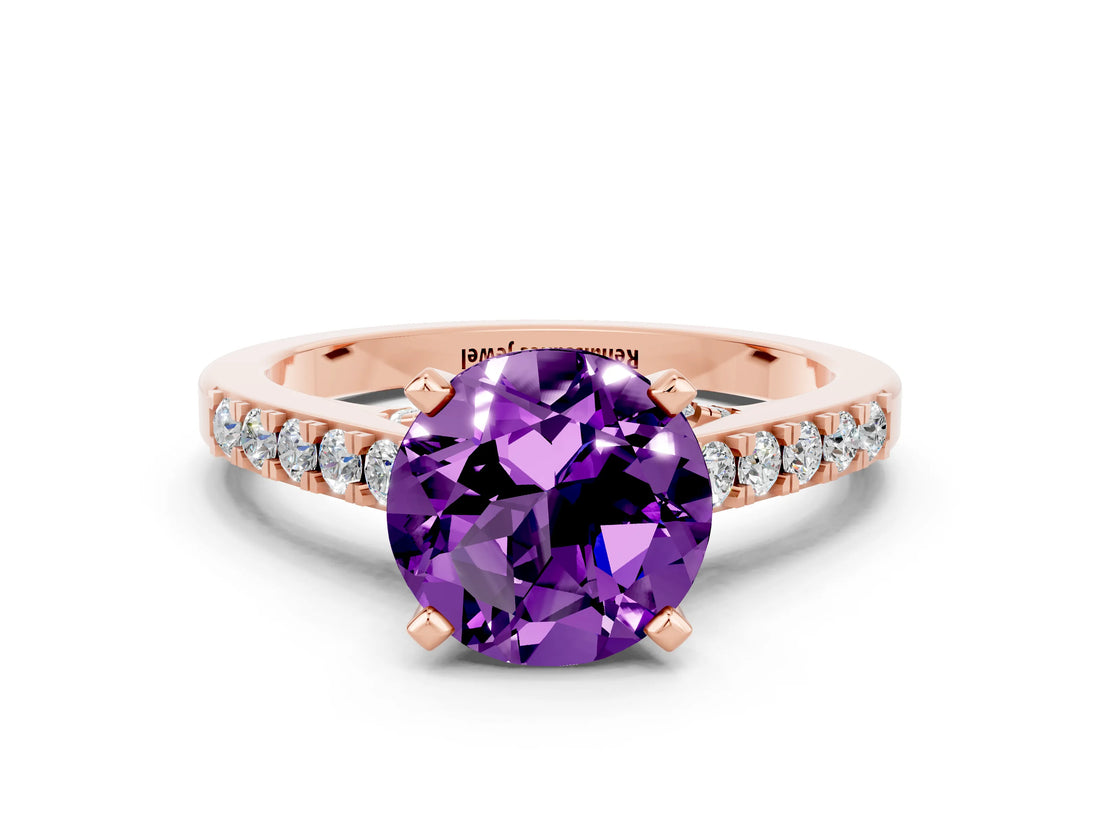 Rose gold Round Cut Diamond Solitaire Ring with Pavé Band and Prong Setting