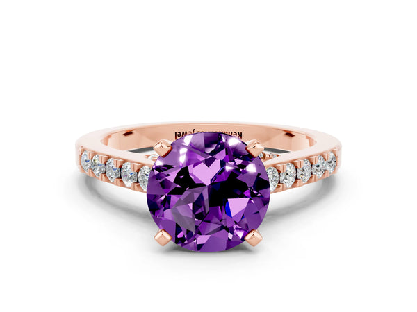 Rose gold Round Cut Amethyst Solitaire Ring with Crossover Gallery and Round  Pavé Band