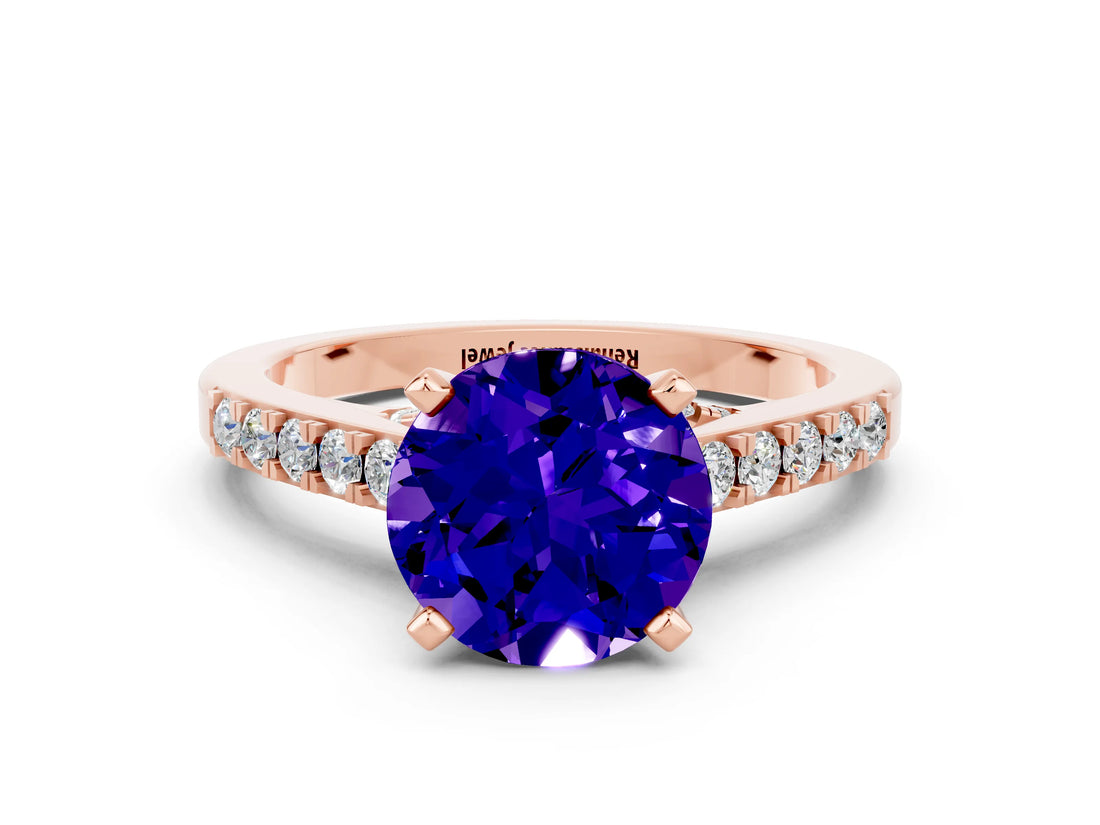 Rose gold Round Cut Diamond Solitaire Ring with Pavé Band and Prong Setting