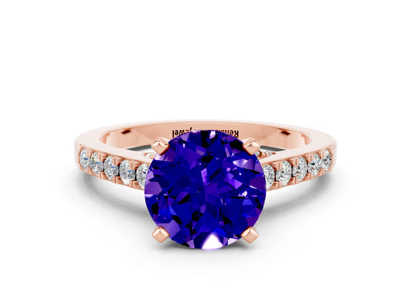 Rose gold Round Cut Tanzanite Solitaire Ring with Crossover Gallery and Round  Pavé Band
