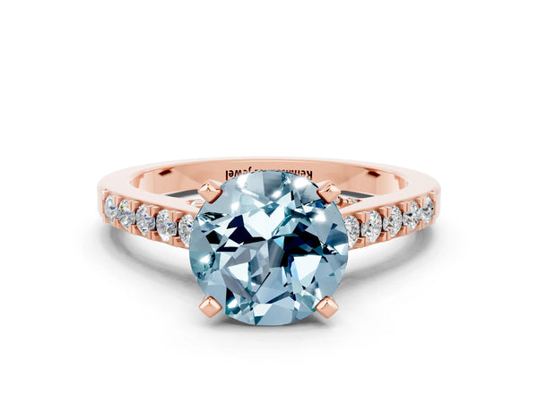 Rose gold Round Cut Aquamarine Solitaire Ring with Crossover Gallery and Round  Pavé Band
