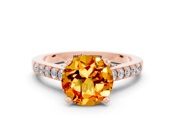 Rose gold Round Cut Citrine Solitaire Ring with Crossover Gallery and Round  Pavé Band