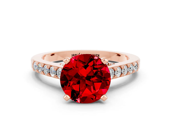Rose gold Round Cut Ruby Solitaire Ring with Crossover Gallery and Round  Pavé Band