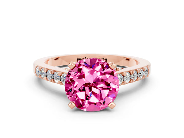 Rose gold Round Cut Pink Sapphire Solitaire Ring with Crossover Gallery and Round  Pavé Band