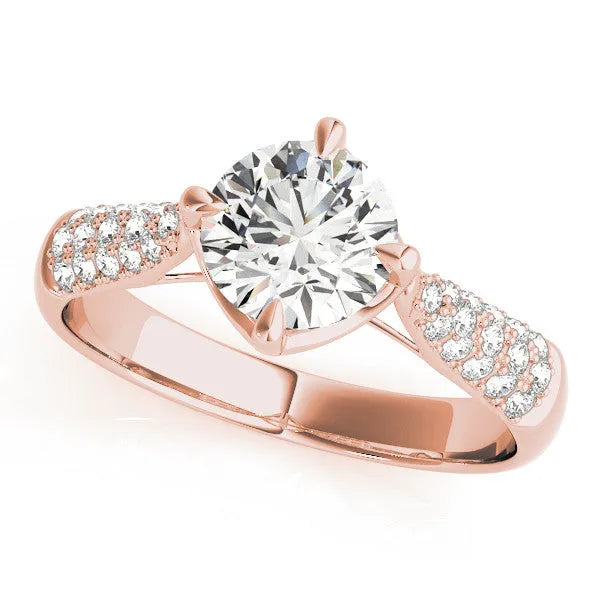 Rose gold Round Cut Diamond Solitaire Ring with Pavé-Set Shoulders and Four-Prong Setting